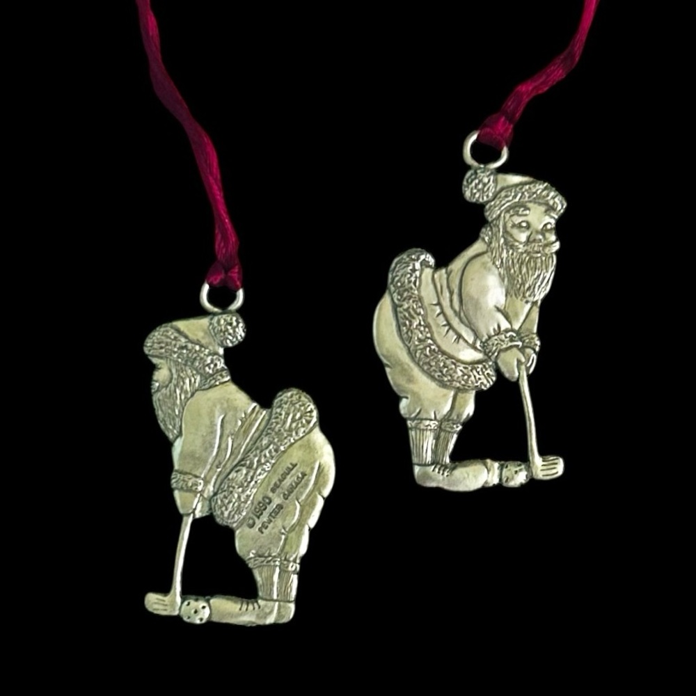 Set of 2 Seagull Vintage Pewter 1990 Golfing Santa Claus Christmas Ornaments - Picture 2 of 4